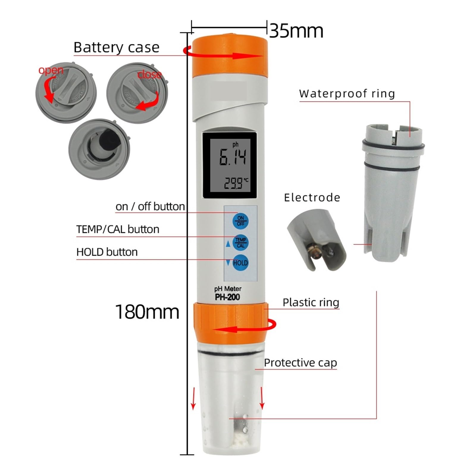 Medidor digital de temperatura con función calibración automática PH Calidad del agua Pen Tester MedicióN Precisa(Orange)