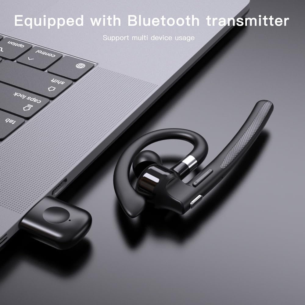 UNVO YYK-526 earphone next to its USB-A Bluetooth transmitter plugged into a laptop.