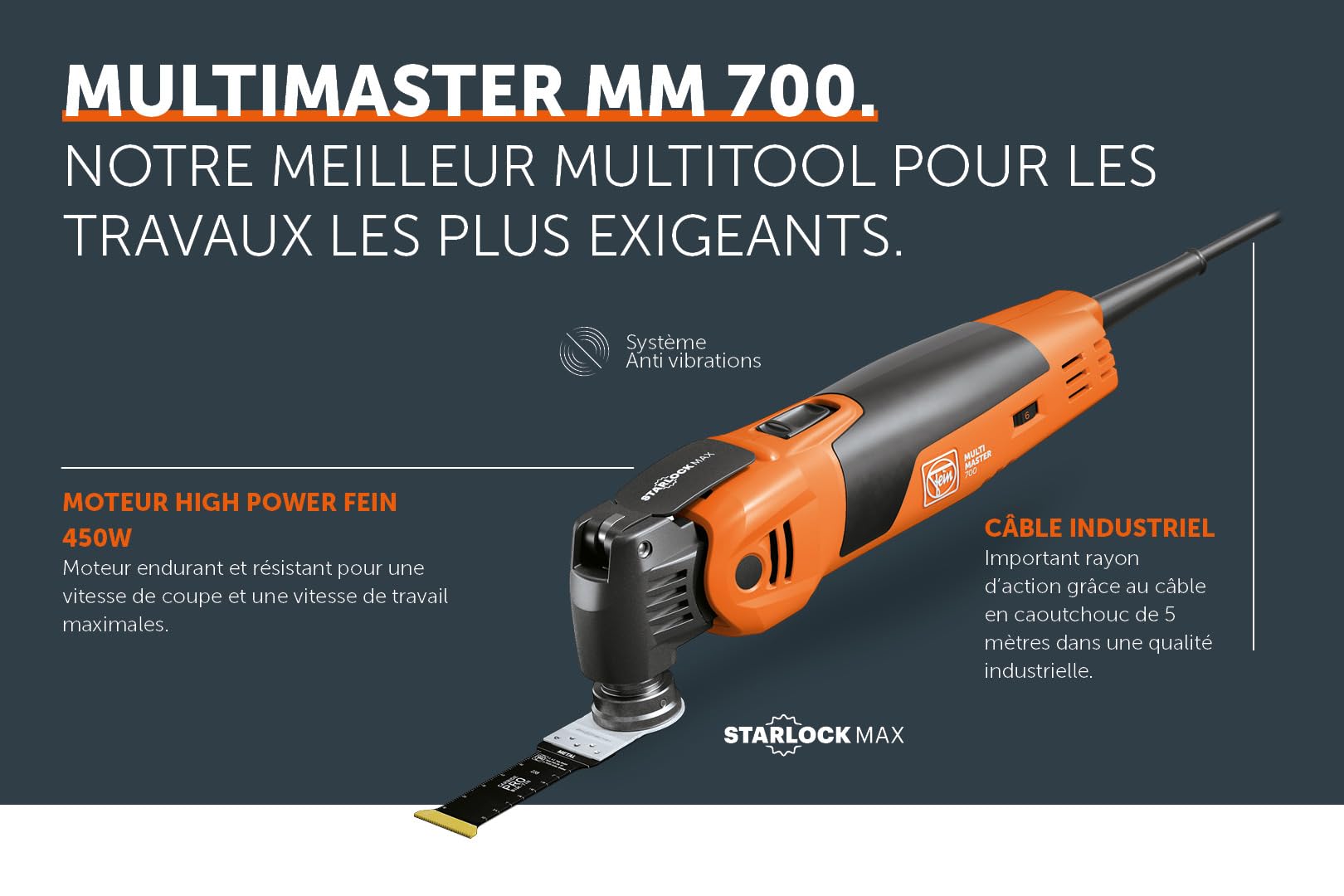 FEIN Multimaster MM 700 Max Top,MultiTool puissant rapide avec plus de 60 accessoires, Motor FEIN 450 W, système anti-vibration, Porte-outil StarlockPlus, Changement d’accessoire QuickIN