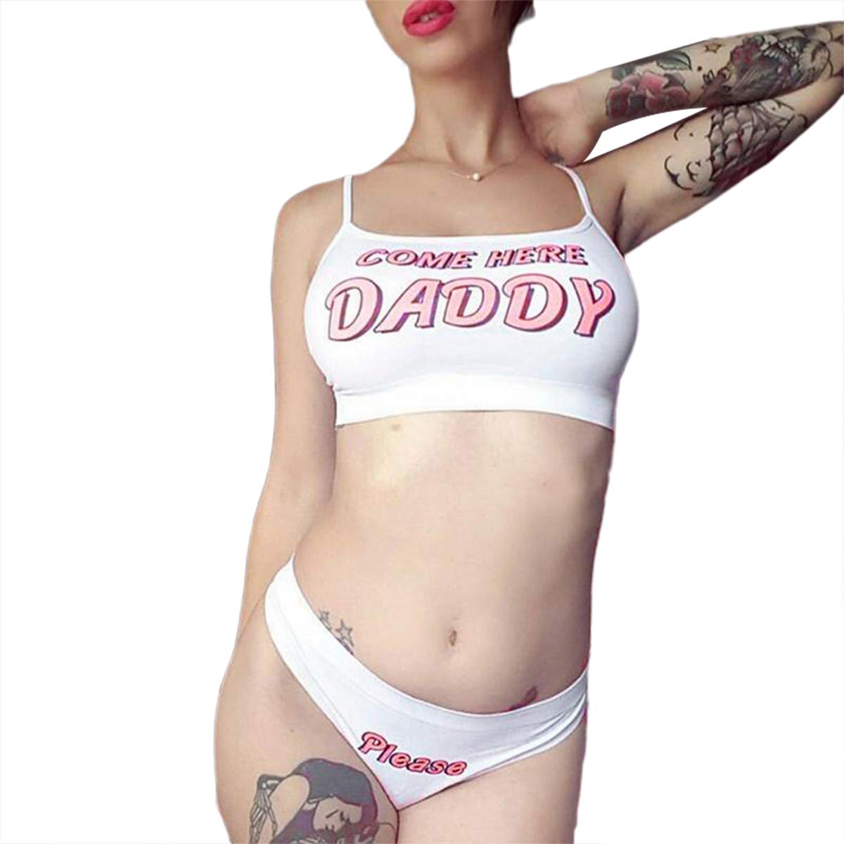 Multitrust Sexy Women Come Here Daddy Please Strappy Lingerie Set 2PCS Slutty Underwear Tank Tops and Panty Pajamas Sleepwear: XX-Large White