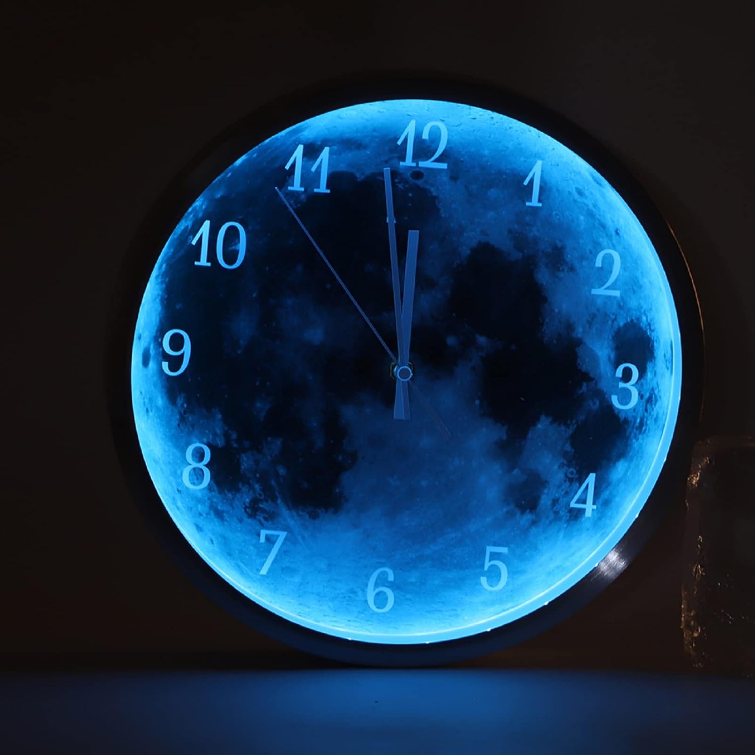 LED Night Light Wall Clock Hanging Silent Clock Silver Round Clock Battery Operated Earth Decorative Cool Wall Clock for Child Room Bedroom Living Room