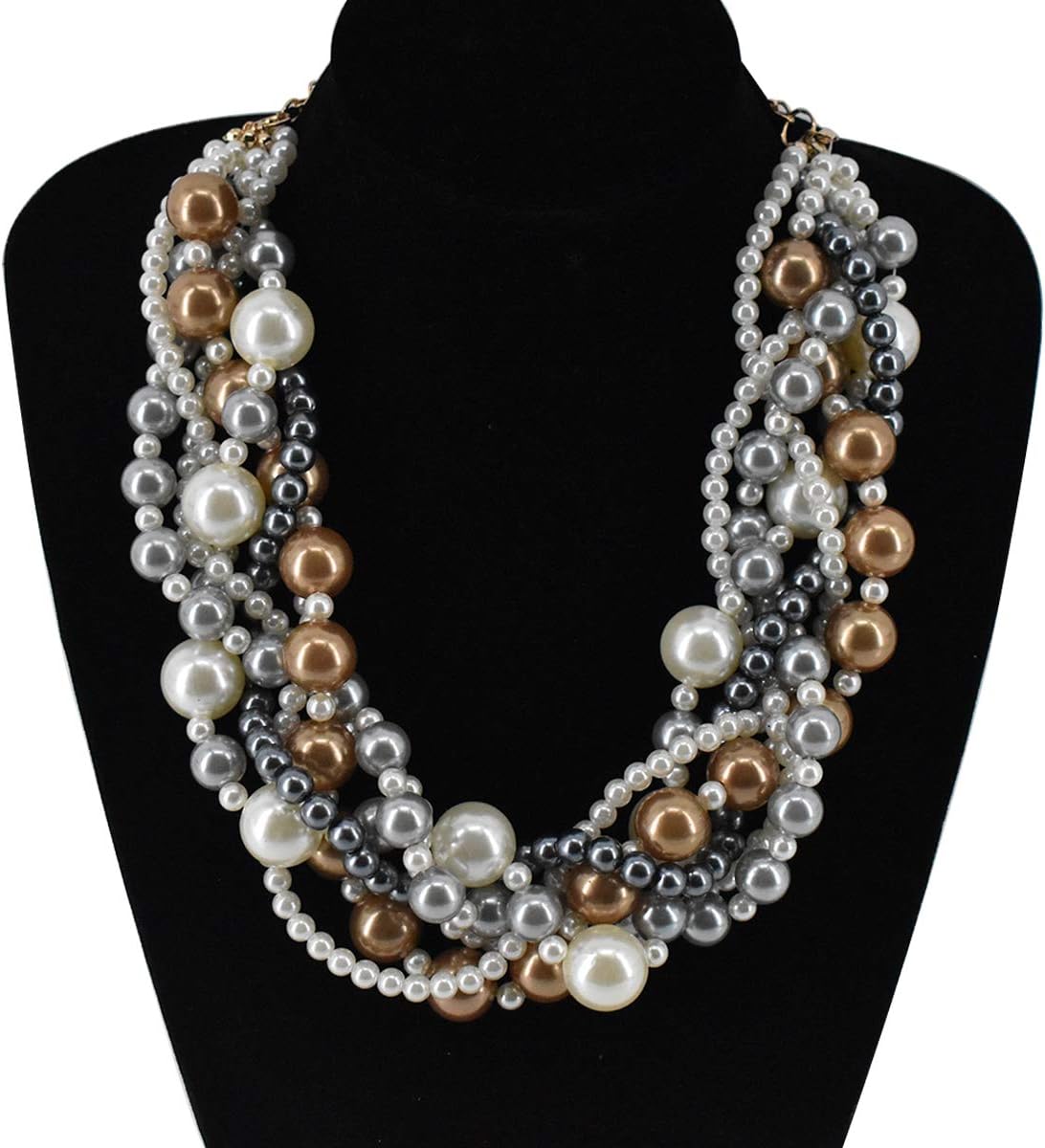 JNF Multi Strand Pearl Necklace for Women Bridal Wedding Pearl Statement Necklace Costume Pearls Necklaces for Ladies Party