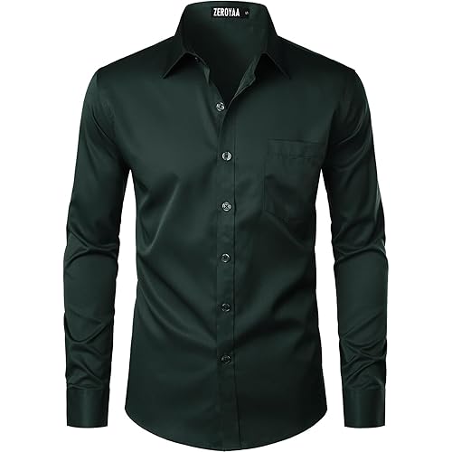 ZEROYAA Men's Urban Stylish Casual Business Slim Fit Long Sleeve Button Up Dress Shirt with Pocket
