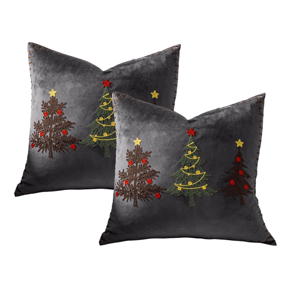 MiOYOOW 2PCS Christmas Cushion Covers, Soft Comfortable Pillow Cases with 3D Embroidery Xmas Tree Pattern for Sofa Couch Bed Bedroom Living Room