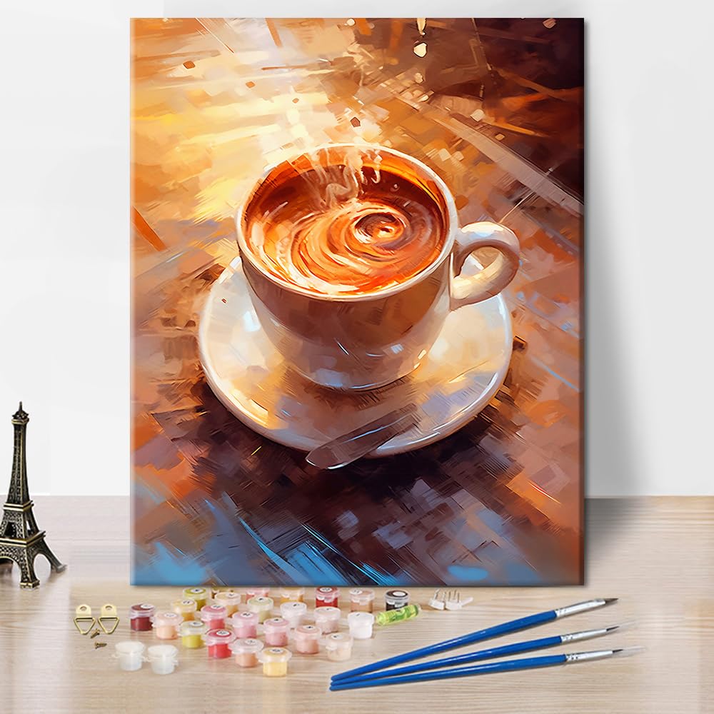 Coffee Cup Paint by Numbers for Adults Beginner Abstract Oil Painting Paint by Number Kits Kids Warm Yellow Style Paint by Number Adult Paint by Number Kits On Canvas Painting by Numbers 16"x20"