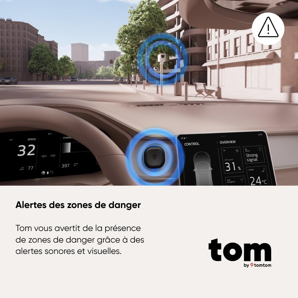 TomTom Assistant d'Aide à la Conduite - Alertes des Zones de Contrôle y Compris avec Radar - embouteillage | sans abonnement | CarPlay & Android Auto | Fabriqué en Europe |Tom by TT