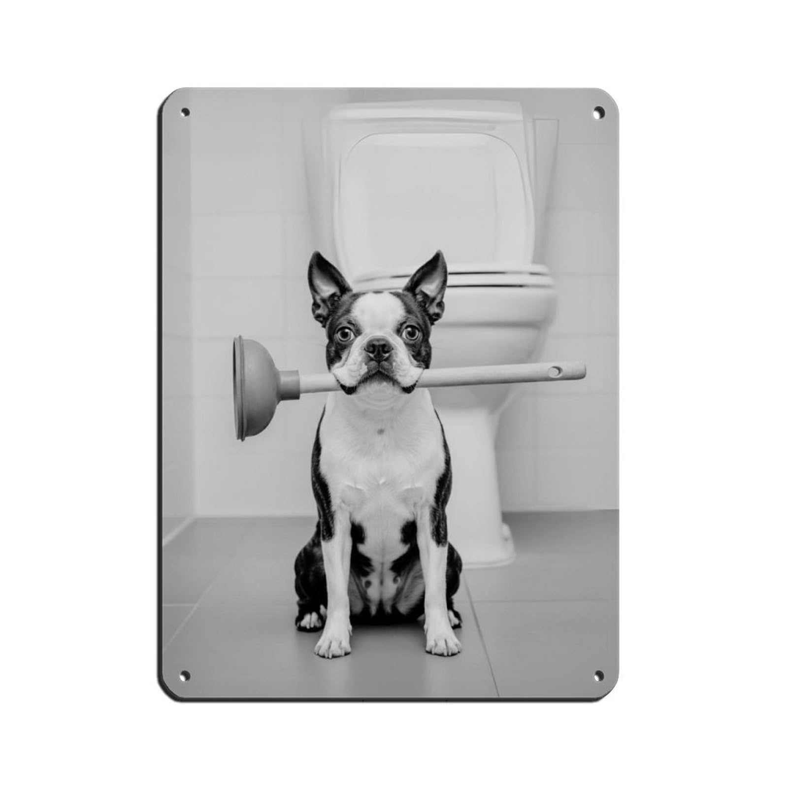Boston Terrier Bathroom Art, Plumber Dog with Plunger Tin Sign Vintage Metal Pub Club Cafe Bar Home Wall Art Decoration Poster Retro 12x16inch(30x40cm)
