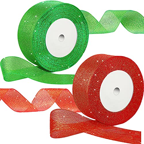 2 Rolls 25 Yards Glitter Ribbon Grosgrain Ribbons Metallic Ribbons Decorative Fabric Ribbons for ValentineÂ’s Day Christmas Wrapping Florist Birthday Wedding Party DIY Craft 1.5 Inch (Green,Red)