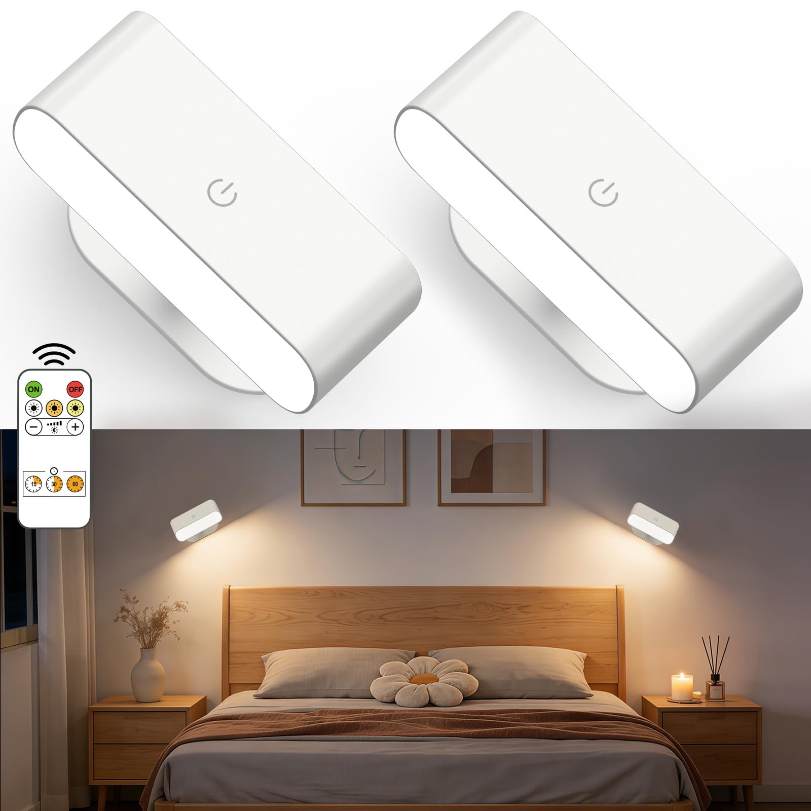 Lacasa Battery Operated Wall Sconces Set of 2, Rechargeable Stick On Magnetic Wall Lights with Remote Control for Bedroom, 3 Modes Dimmable LED Wall Mounted Light Bedside Reading Wall Lamp for Indoor