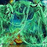 Fainne 4 Pcs Halloween Glow in The Dark Spider Web Decorations, 400g Stretchy Fake Cobwebs with 100 Fake Spiders and 24 Bat Decor for Halloween Party Indoor Outdoor Home