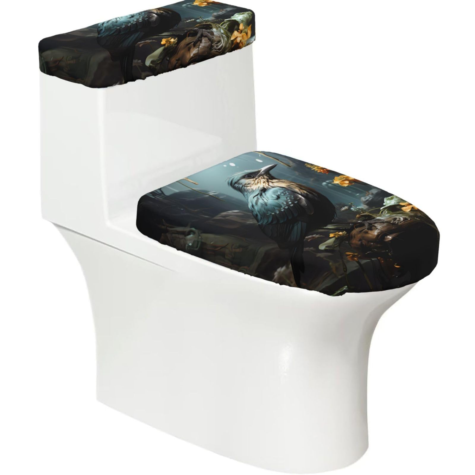 Black Bird and Flower 2-Piece Toilet Seat Cover Set with Tank Lid - Elastic for U-Shape & Elongated - Bathroom Decor