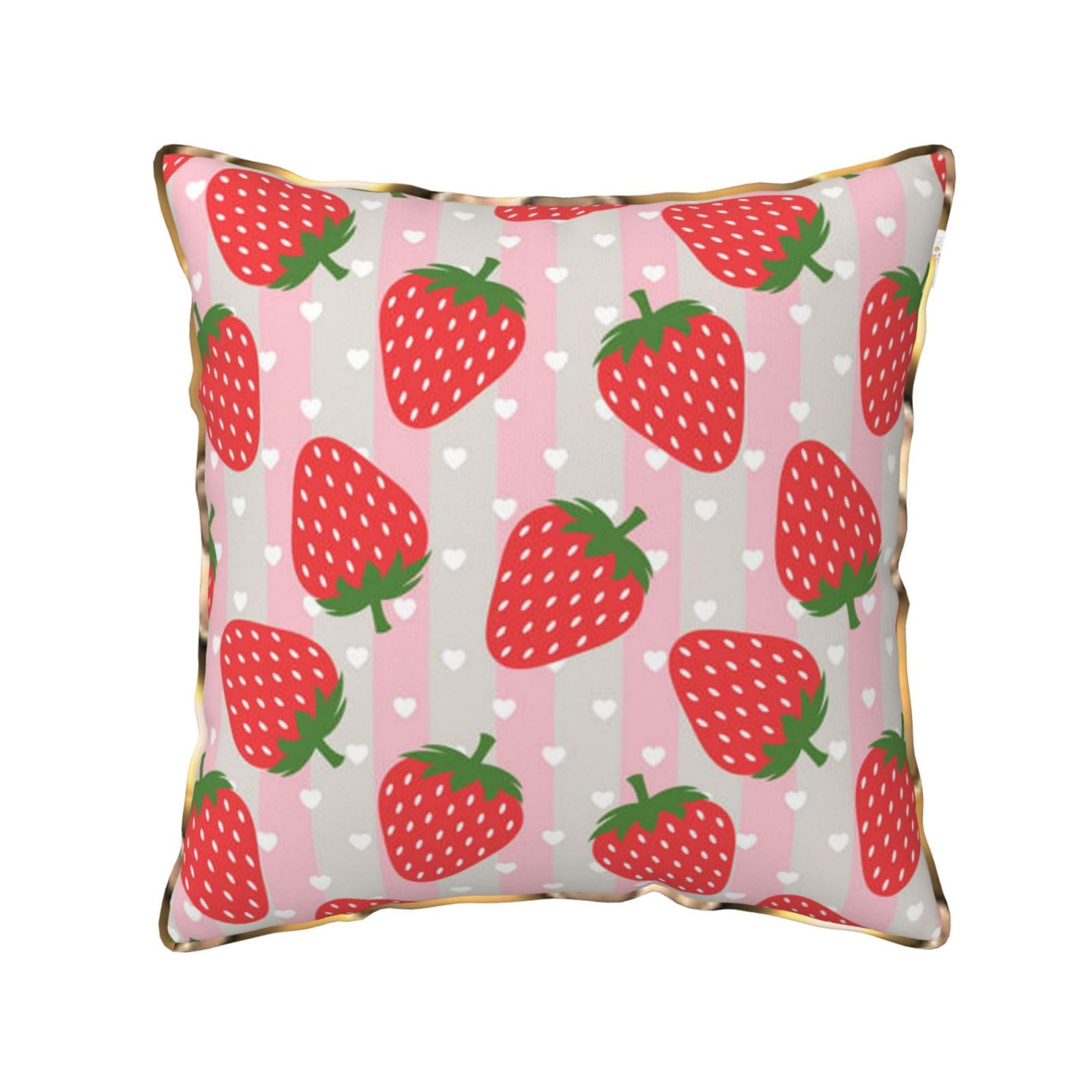AUBKFELD Pink Strawberry Printed Velvet Cushion Cover 50x50 CM with Gold Edging Strip, Square Pillowcase Soft Throw Pillow Covers Case Decorative for Living Room Sofa Couch Bed Bench