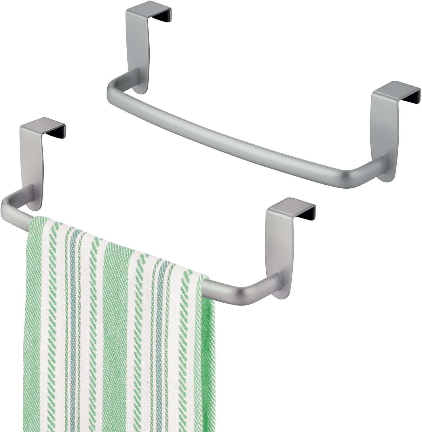mDesign Steel Metal Wire Over Cabinet Towel Rack Storage Organizer - Hang on Cabinet or Door - Towel Bar Holder for Kitchen - Holds Hand Towels, Washcloths - Spira Collection, 2 Pack, Silver