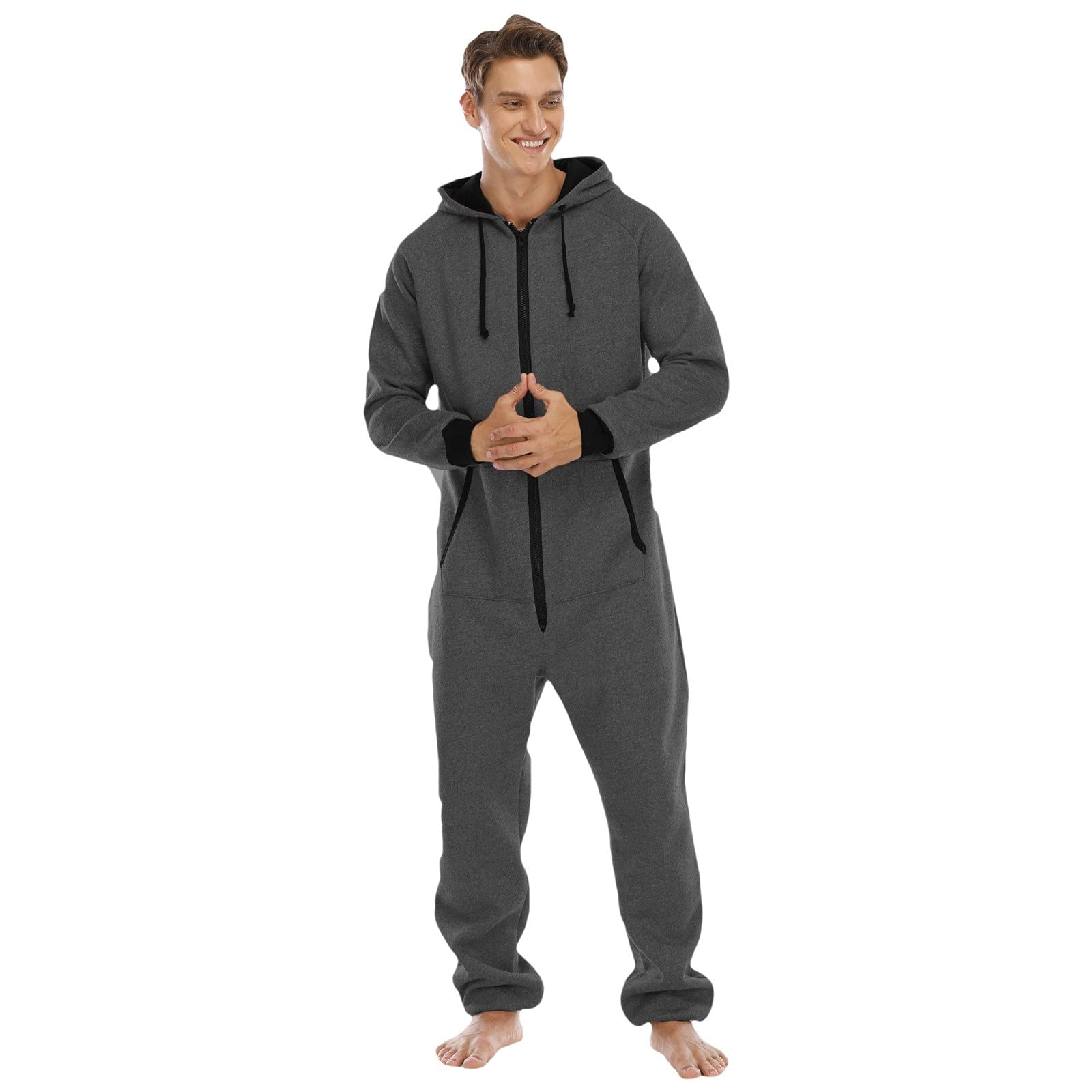 Genérico Mono Cremallera Cuello V Manga Larga Sudadera Capucha Pijama Hombre Ropa Dormir