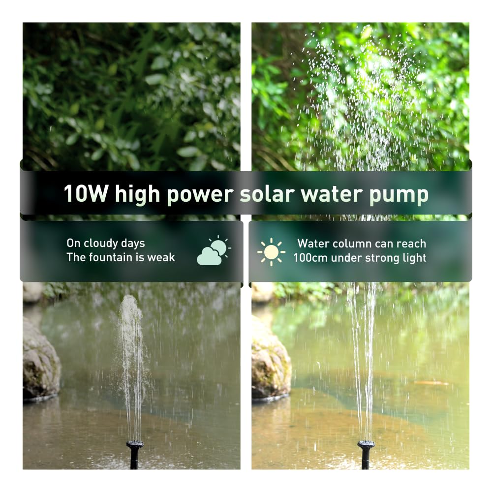 Pompe de Fontaine Solaire 9V/10W 300L/h, Pompe à Eau Solaire, avec Grand Panneau Solaire et 3 Buses, Circulation de l'Eau de l'Oxygène, pour Bain d'Oiseaux/Aquarium/Etang/Jardin