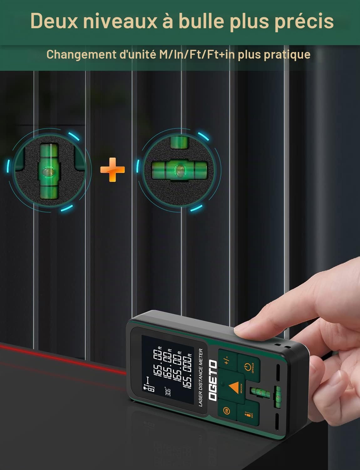 Metre Laser, Ogeto Télémètre Laser Numerique avec Niveau Électronique Amélioré, 99 Stockage, Mesure Longueur/Zone/Volume/Théorème de Pythagore pour Rénovation Intérieure/Chantier de Construction