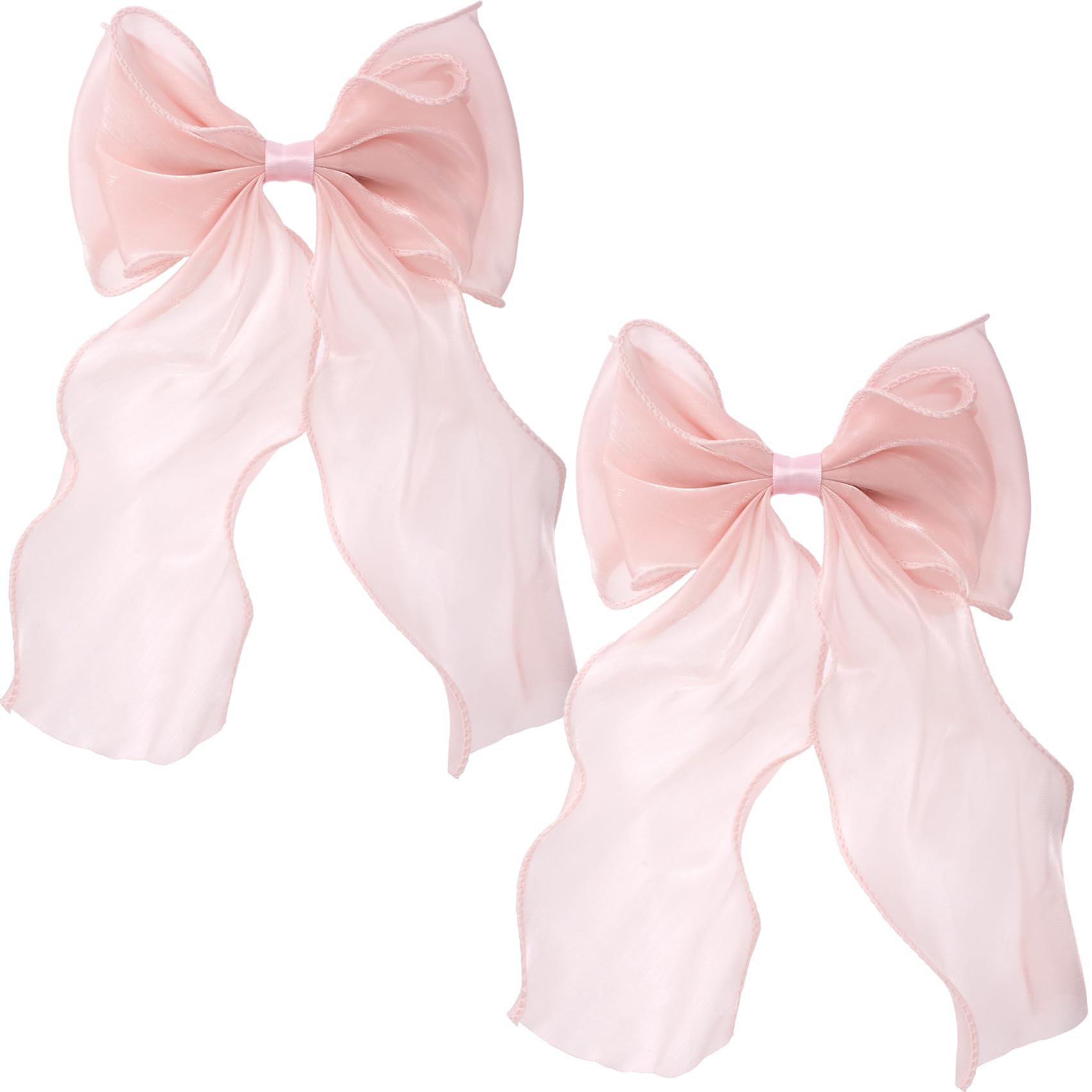 STSTR 2Pcs Large Hair Bow Clips, Pink Silk Yarn Ribbon Bow Hair Barrette for Women, Elegant Long Tail Bowknot French Hair Accessories for Wedding,
