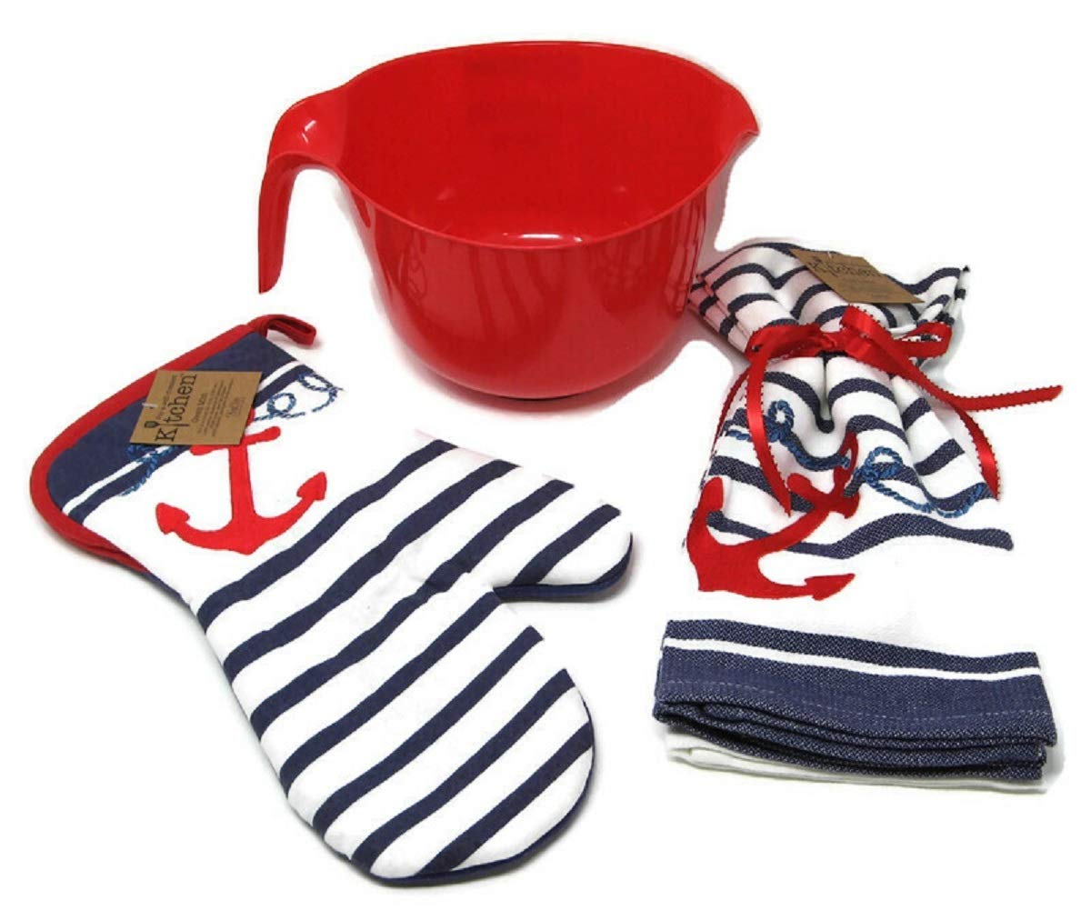 Buy Kay Dee Dish Towels Two Anchor with Mitt and Red Mixing Bowl with