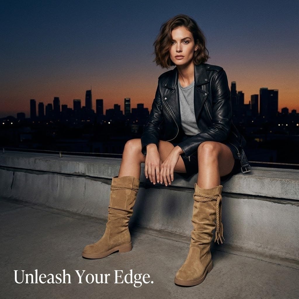 Women's Mid-Calf Western Boots Slip On Low Heel Round Toe, Distressed Leather Lace Up Booties for Women, Chunky Sole Casual Shoes US Size