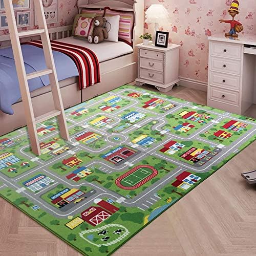 HUAHOO City Street Map Kids’ Rug with Roads Kids Rug Play mat with School Hospital Station Bank Hotel Book Store Government Workshop Farm for Boy Girl Nursery Bedroom Playroom Classrooms (51″ X 75″)