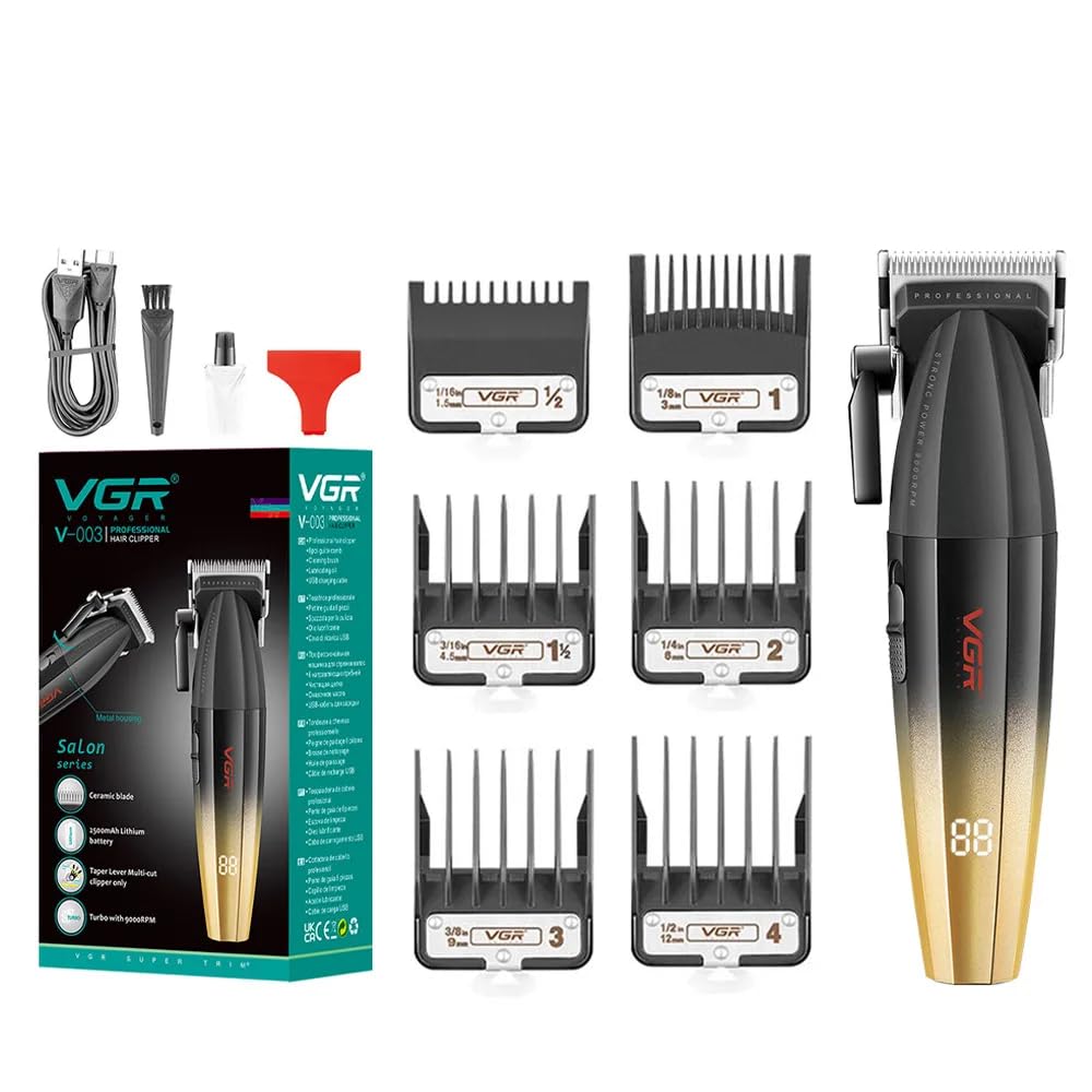 Vgr V-003 Ultra Premium Professional 9000 Rpm 2 Speed Hair Clipper Set Metal Housing Ceramic & Powder Metallurgic Blade Digital Display 2500 Battery 4 Adjustable Taper Lever 6 Guide Comb (Gold)