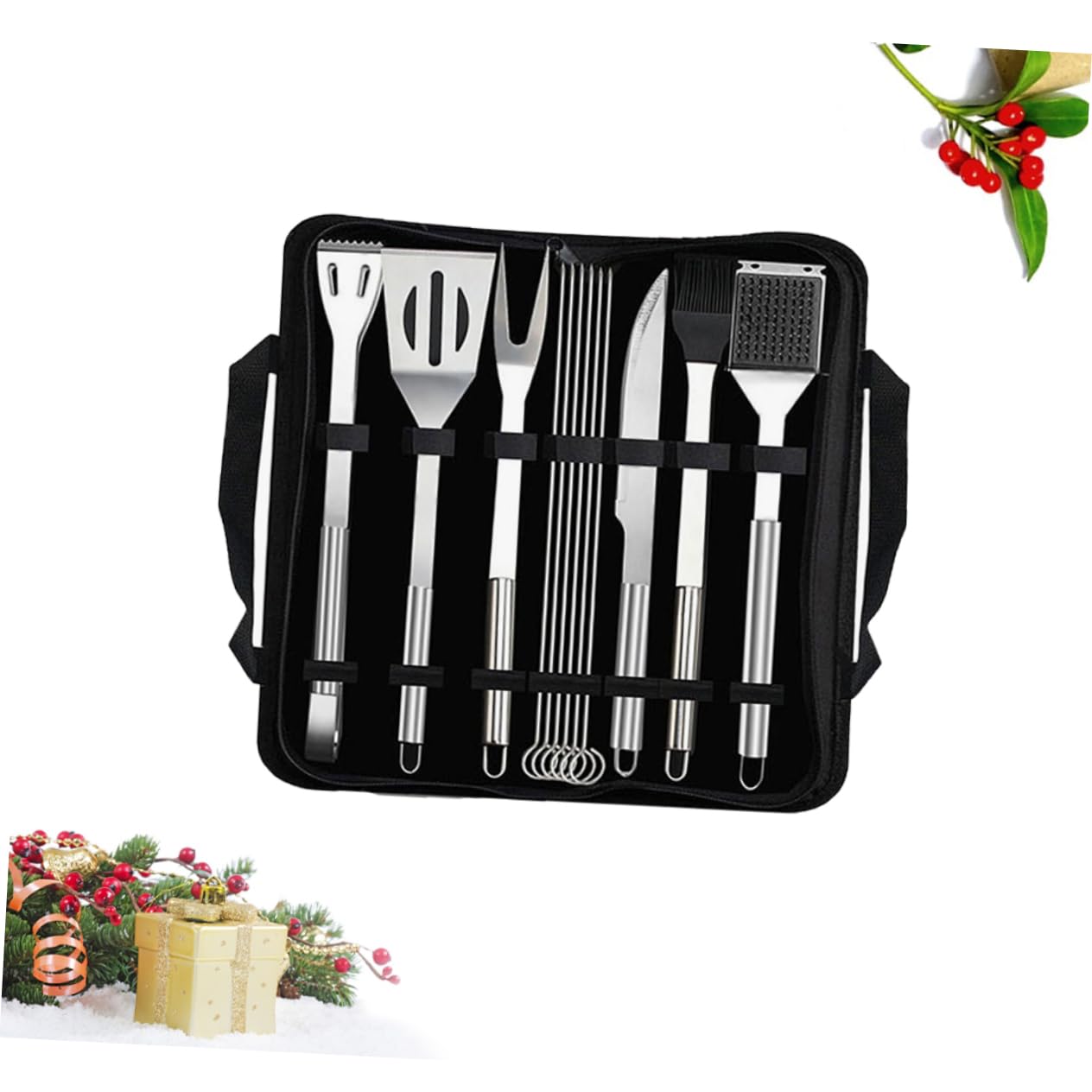 Set Utensili Barbecue Inox 12 Pezzi con Borsa Nera | Spatola, Pinza, Coltello, Forchetta, Pennello e Spiedini, per Campeggio e Outdoor