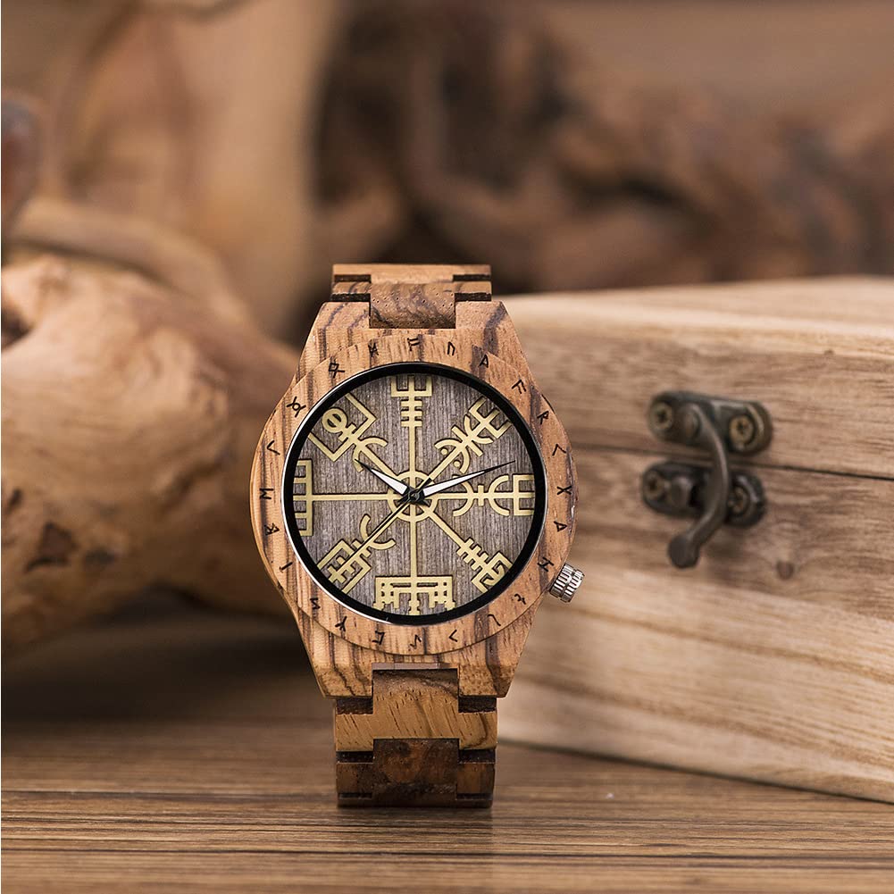 Wikinger Herrenuhr Holzuhr, Wood Armbanduhr mit Helm der Ehrfurcht Symbol Nordische Mythologie Holzarmband Vintage Verstellbare Quarzuhr Runenkreis Geschenk