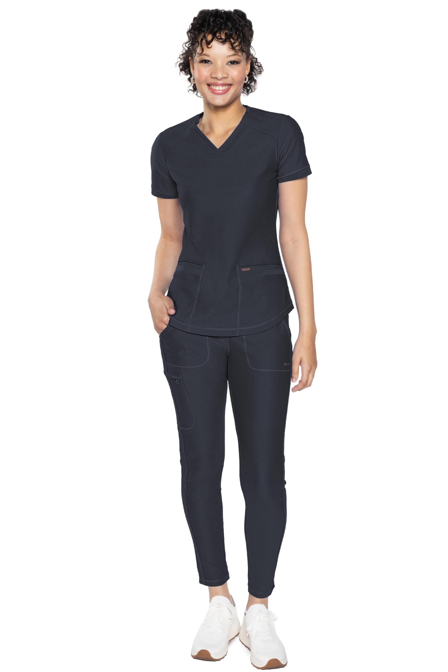 Cherokee Conjunto de uniforme médico para mujer, 7 bolsillos, cuello en V, dobladillo curvado CK840 y pantalón de pierna cónica de tiro medio CK095, peltre XL / pantalón 2XL