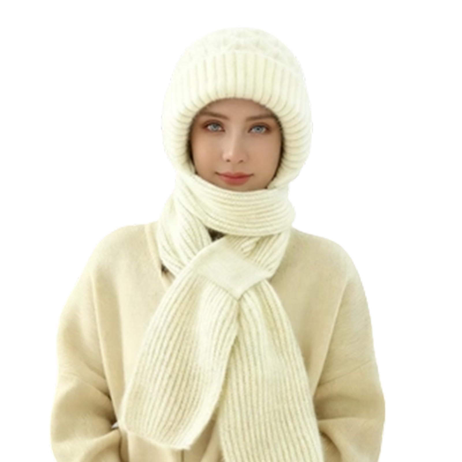 Hopasrisee Women's Off-White Winter Versatile Knitted Hooded Scarf For Winter Hooded Scarf, Integrated Ear Protection Windproof Thick Scarfs, Warm Knitted For Cold Weather Outdoor (Off-White)