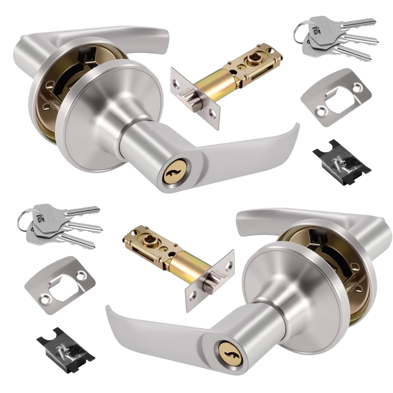 Bettinay 2Pack Door Handles with Lock and Key, Silver Aluminium Alloy Handle Internal Wooden Doors for Bedroom Bathroom (25-45mm)