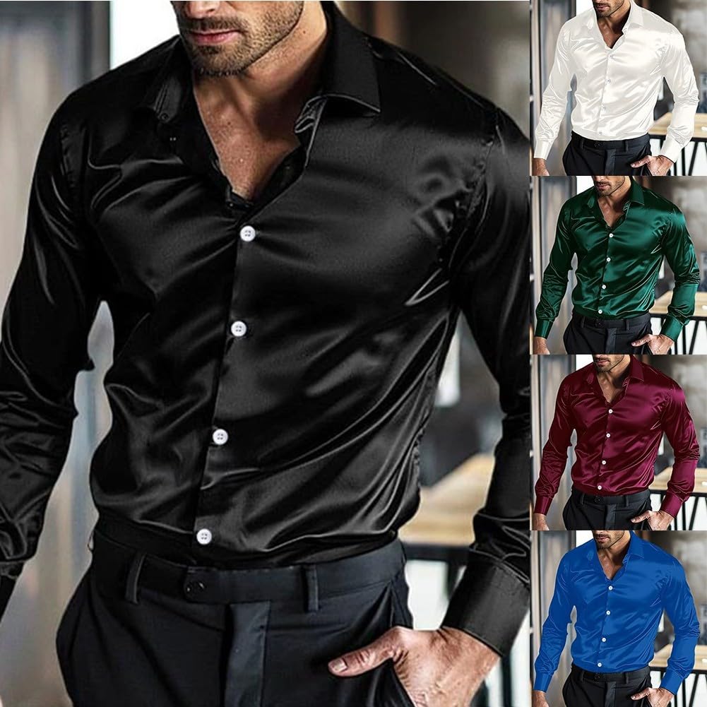 SPORTARC Camicia da uomo in raso di seta, a maniche lunghe, casual, per matrimoni, feste e discoteche