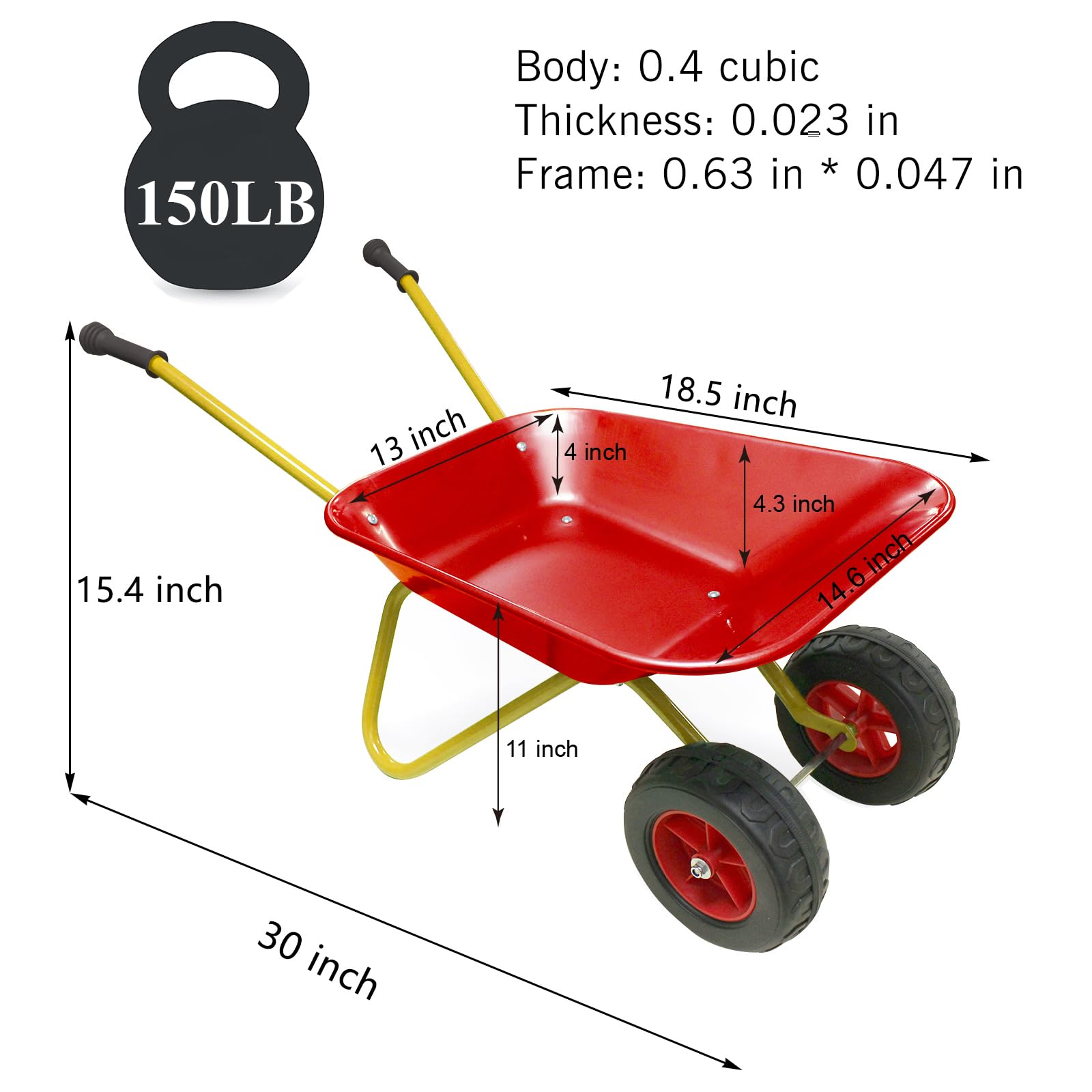 Carretilla de metal para niños, carretilla para niños, carretilla para niños para excavar arena/suciedad, pala de nieve, hojas (juego rojo)