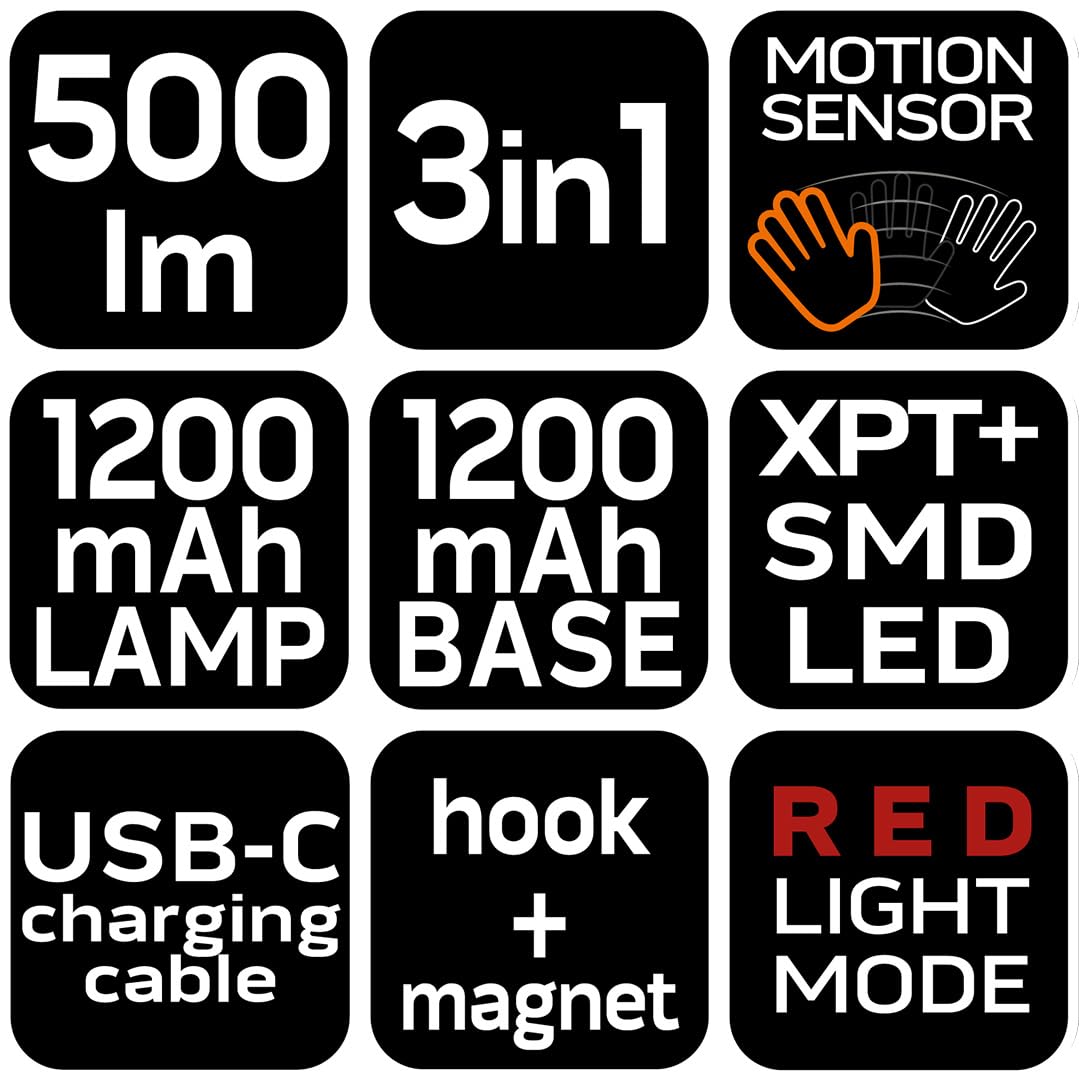 NEO TOOLS Lampada frontale a LED ricaricabile, super luminosa, 500 lumen, con sensore, luce rossa e stazione di ricarica, luce frontale leggera, per campeggio, pesca, officina, riparazioni