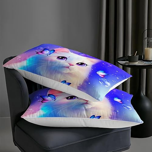 Miniatura 6 de AILONEN Juego de edredón de gatos para niños, tamaño Queen, juego de ropa de cama de gato blanco con mariposas para niñas y niños, juego de edredón