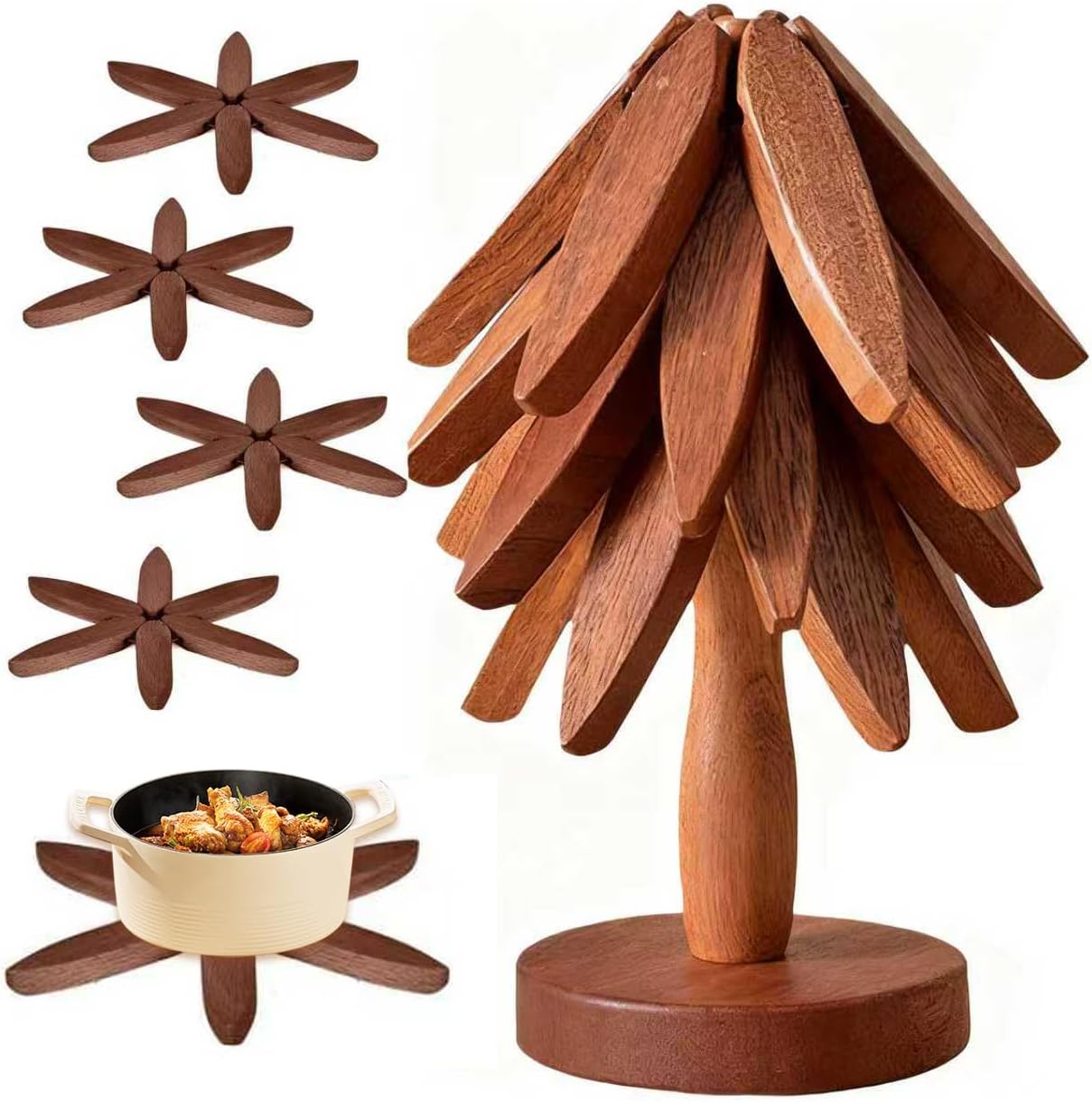 Foldable Kitchen Wooden Trivet Wooden Trivets for Hot Dishes, Tree Shape Trivet Set, 4 Walnut Wood 1 Stand stored Like a Christmas Tree,for Hot Pot Holder, Teapot, Bowl, Hot Dishes (Walnut Wood)