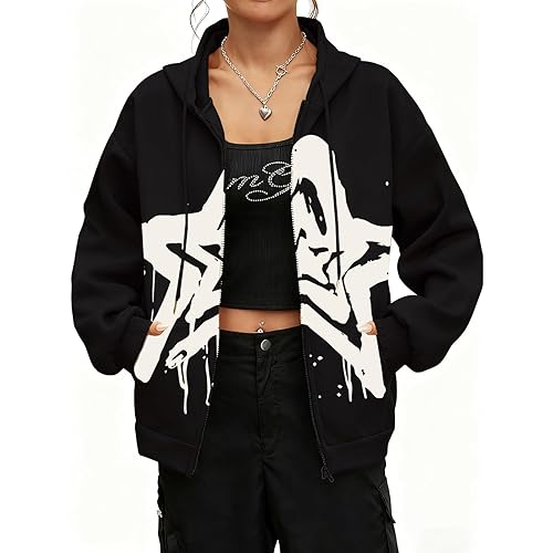 BINTEHGS Star Graphic Zip Up Hoodie for Women Y2k Oversized