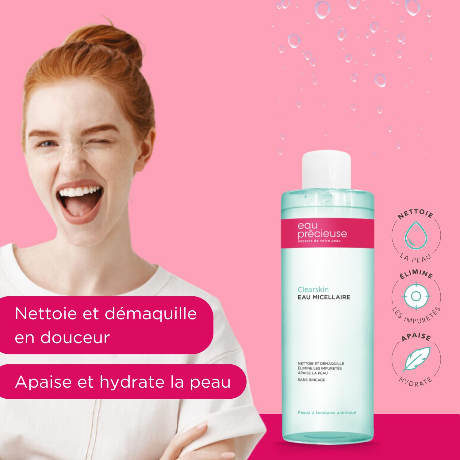 Eau Précieuse - Eau Micellaire Clearskin - Nettoie et démaquille - Elimine les impuretés - Apaise et hydrate - Peaux à tendance acnéique – 400 ml