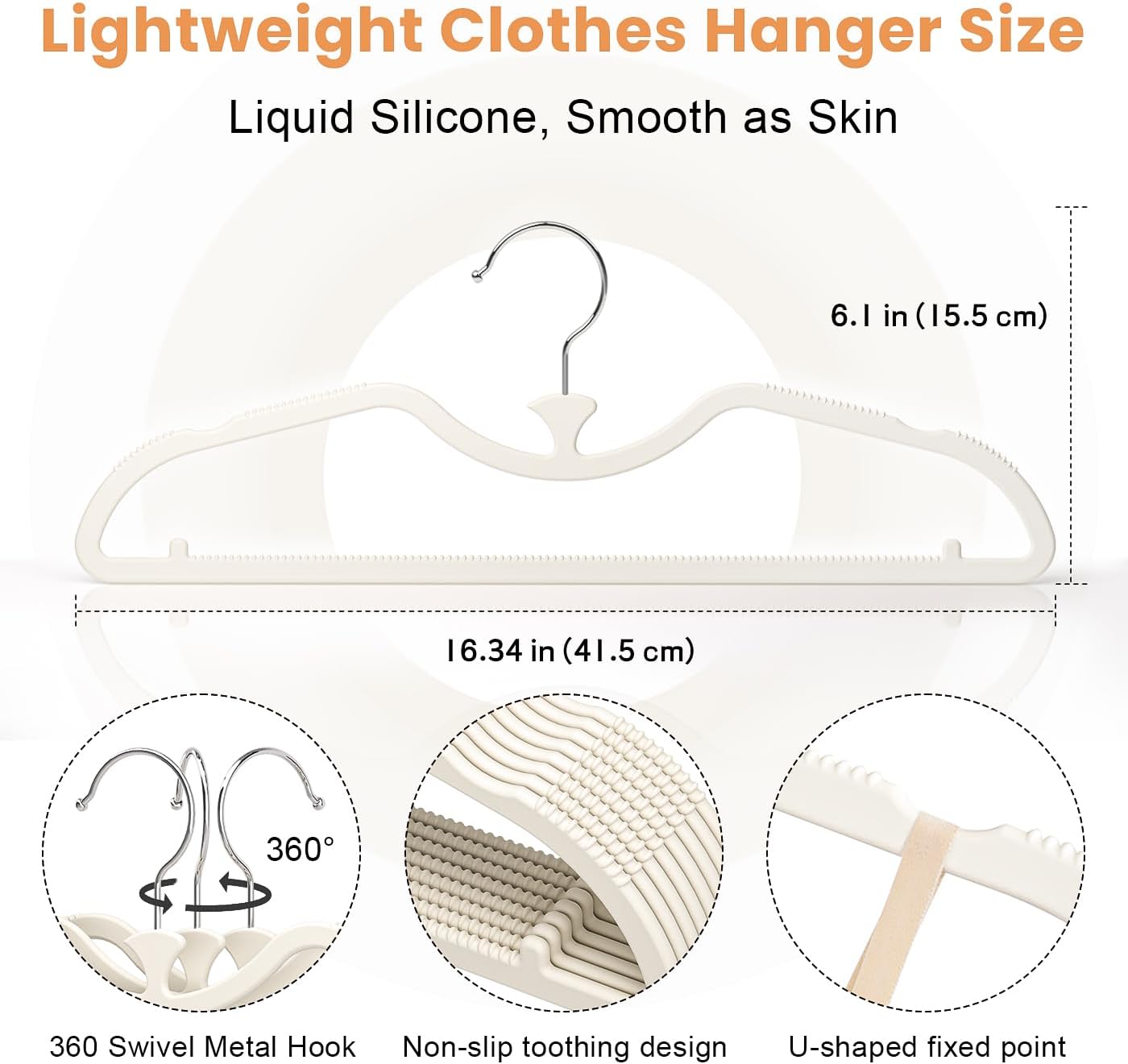 20 Pack Upgraded Short Neck Vertical Space Saver Hangers, 360 Degree Swivel Hooks, Non-Slip Hangers, Liquid Silicone, Smooth as Skin (Not Velvet) - Cream