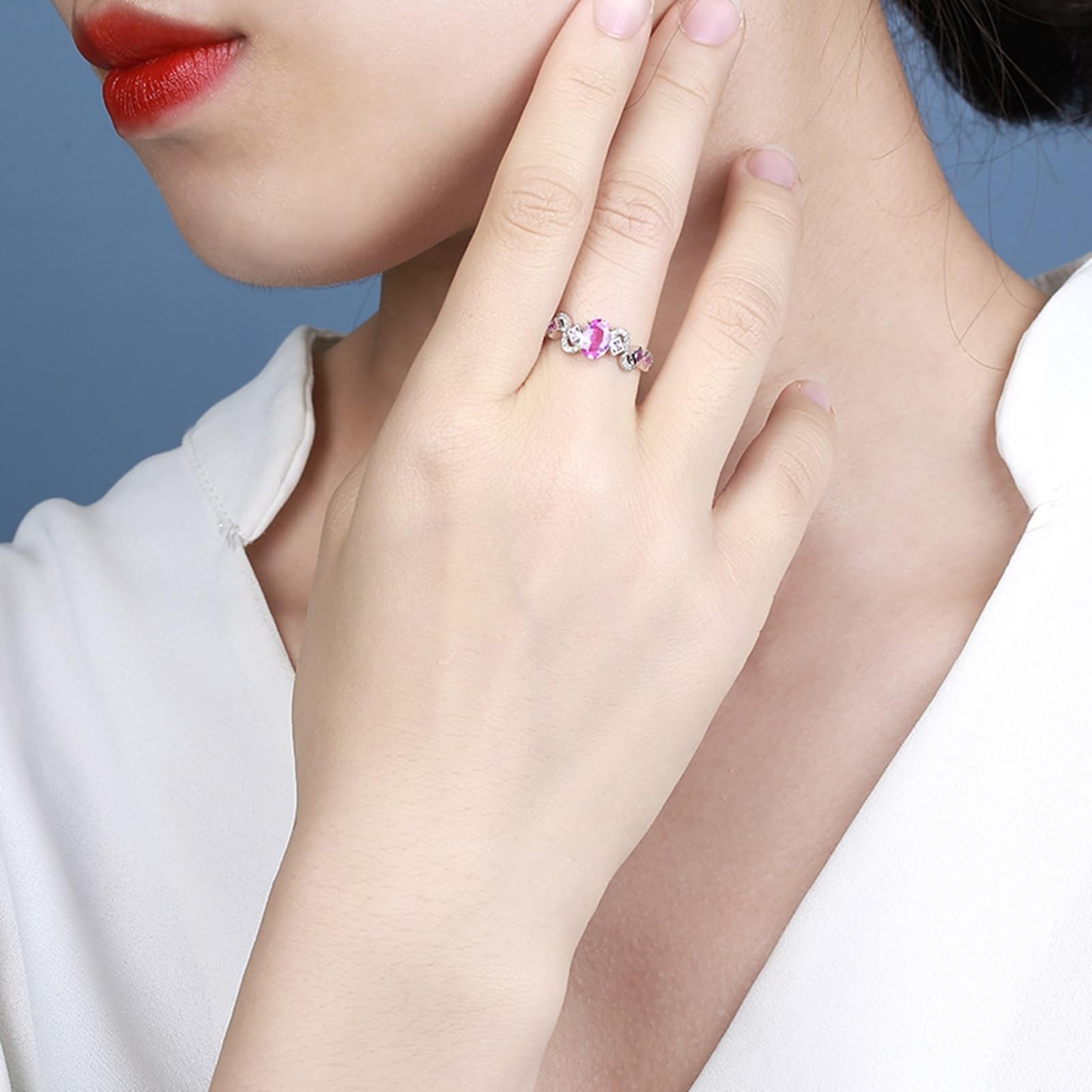 Anillo de boda de oro blanco de 18 quilates, zafiro rosa ovalado, anillo promise ovalado con zafiro rosa de 1,07 quilates y anillo de diamante para mujer