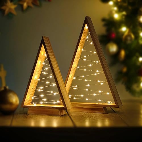 Knoste Christmas Decorations, Wooden Christmas Tree with LED Lights, Modern
