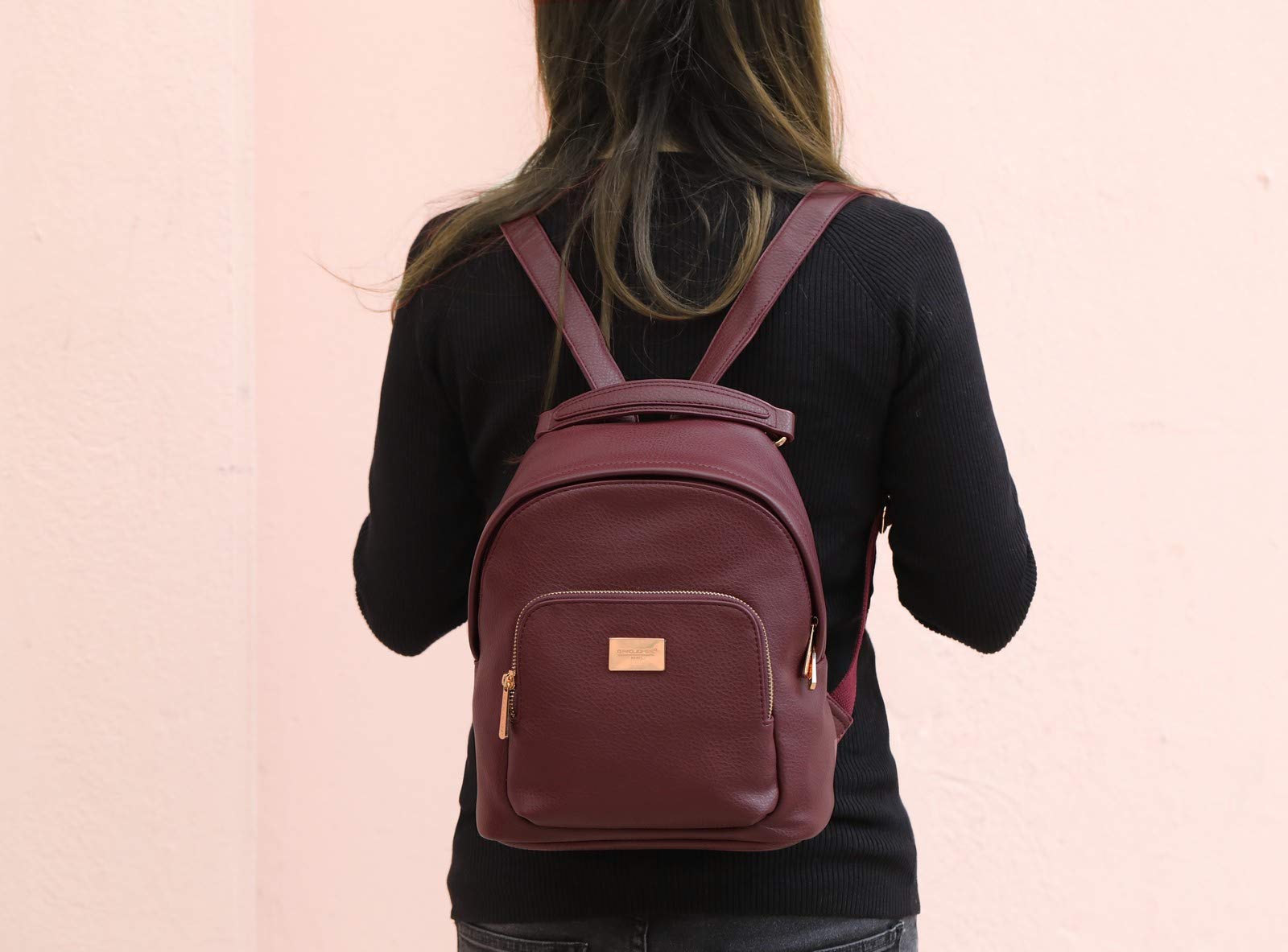 David Jones - Petit Sac à Dos Femme - Sac à Main Porté Epaule Fille Cuir PU - Mini Cartable Ville Poignée Poche Fermeture Eclair Zip - Fashion Backpack Mode Jeune Tendance Chic Designer - Rouge