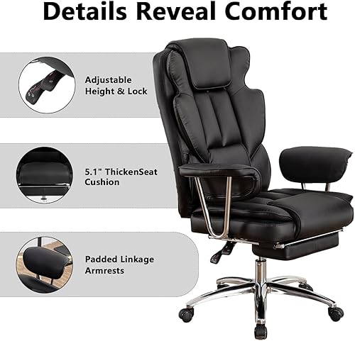 Miniatura 5 de Silla de oficina de piel sintética totalmente reclinable y cómoda silla de oficina grande y alta, 500 libras con reposapiés, ruedas y brazos