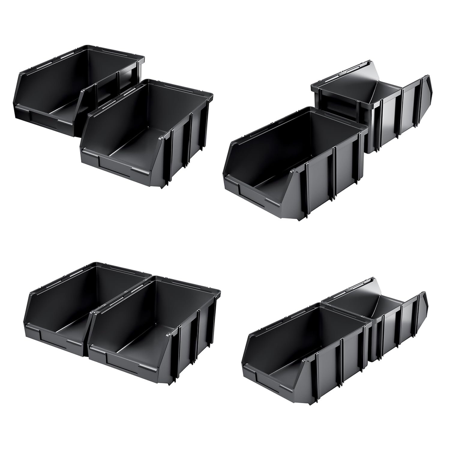 Set di 4 Contenitori a Bocca di Lupo 30x45x19 cm Sovrapponibili Nero Plastica