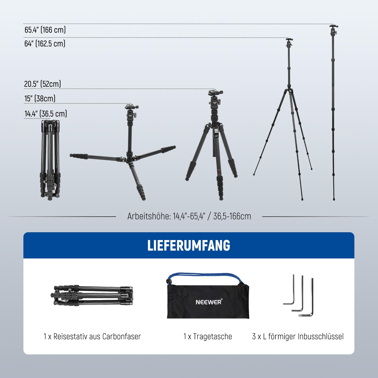 NEEWER Carbonfaser Kamerastativ Einbeinstativ, 65" leichtes kompaktes tragbares DSLR Video 360°Reisestativ Kugelkopf, rutschfeste Schnellwechselplatte, umgekehrte Mittelachse, max. Last 13,2 lbs, TP39