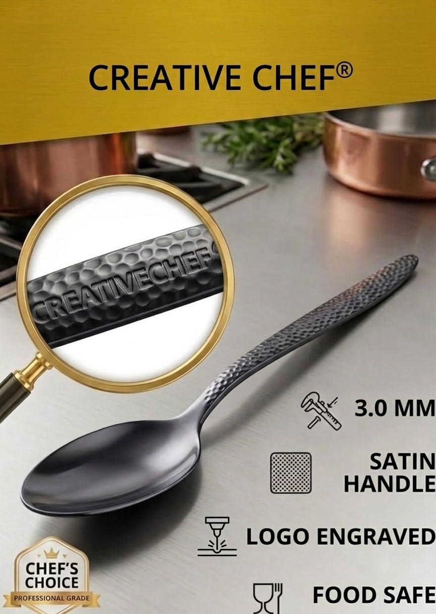 CREATIVECHEF Kunz Löffel, Chef Kunz Kochlöffel, Edelstahl, Titan, glänzender Bratlöffel, 18/10 Edelstahl, beschichtete Kunz-Löffel, Servierlöffel für Abendessen (schwarz)