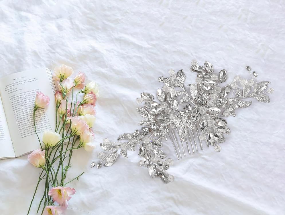 Miniatura 7 de WOVOWOVO Accesorios para el cabello de novia, piezas de pelo de boda para novias, tocados para mujeres, diamantes de imitación de cristal plateado