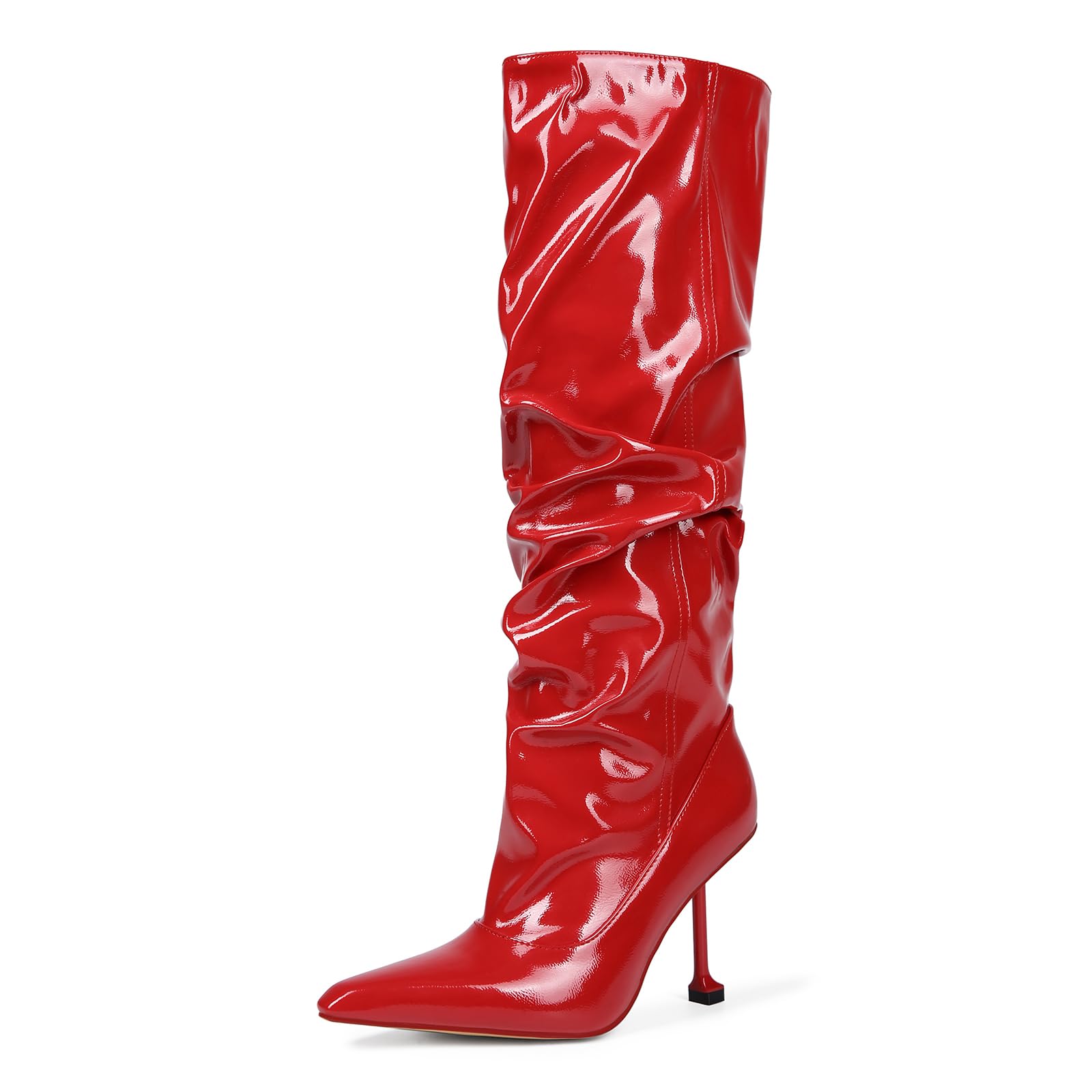 Saint Leia Womens Slip On Pointed Toe High Heel Party Stylish Pleated Patent Leather Knee High Boots
