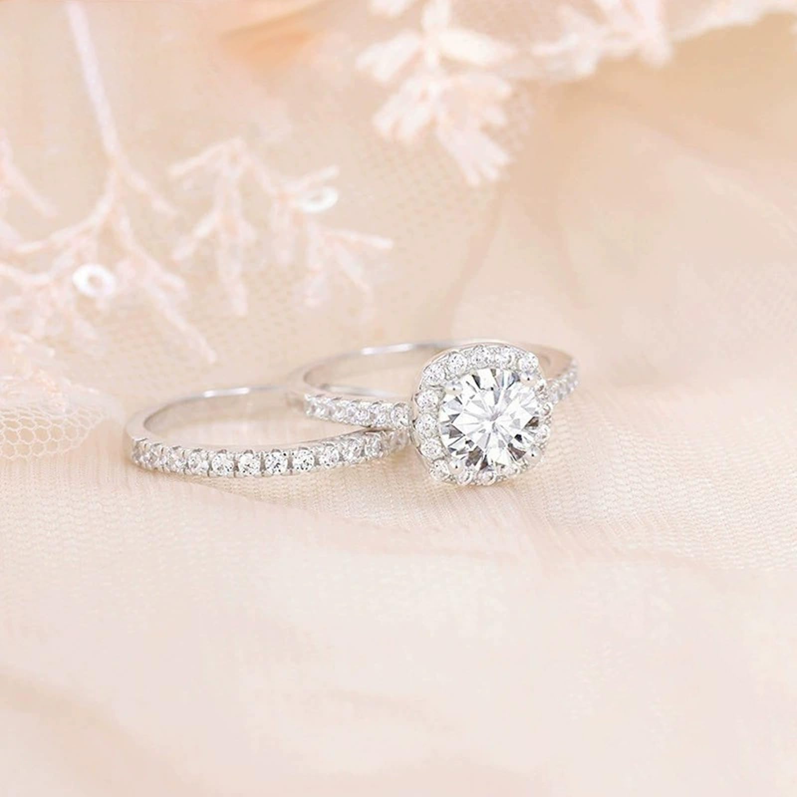 Anillo redondo de plata 925 para mujer, juego de 2 anillos de compromiso de oro con circonita cúbica de 7 mm