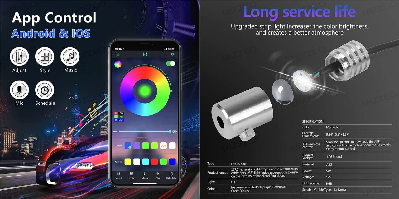 AUTO MT Universal Car LED Atmosphere Ambient Lighting Kit Interior Strip Light 16 Million Colors 5 n1 with 6 Meters Fiber Optic Multicolor RGB Sound Active Wireless Bluetooth APP Remote Control