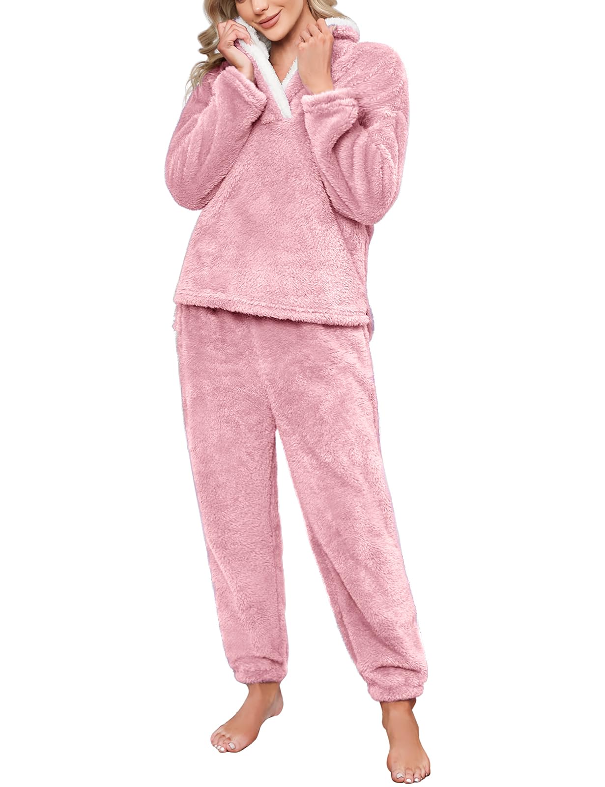 HEEKPEK Womens Pajamas Warm Fleece Pajamas Set Pullover Pants Loose Loungewear Sherpa Hoodie Sleepwear Winter Clothes